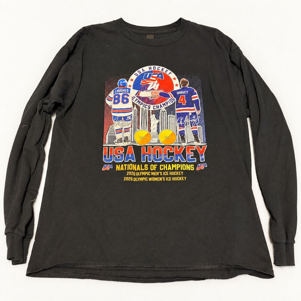 Gildan USA Hockey 2026 Olympics Hughes Harvey Long Sleeve T-Shirt L Black